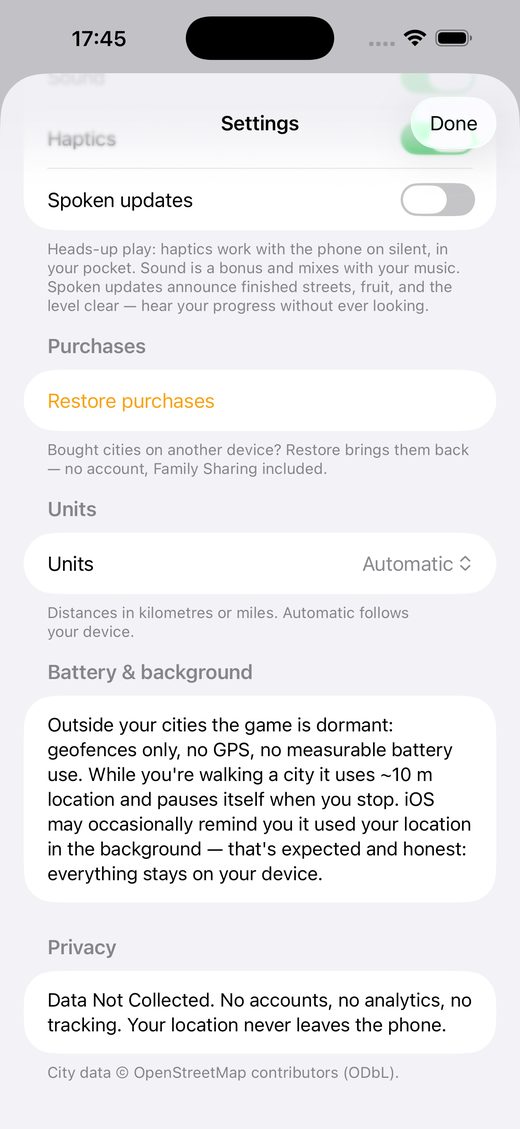 The in-app trust card: Data Not Collected, works offline.