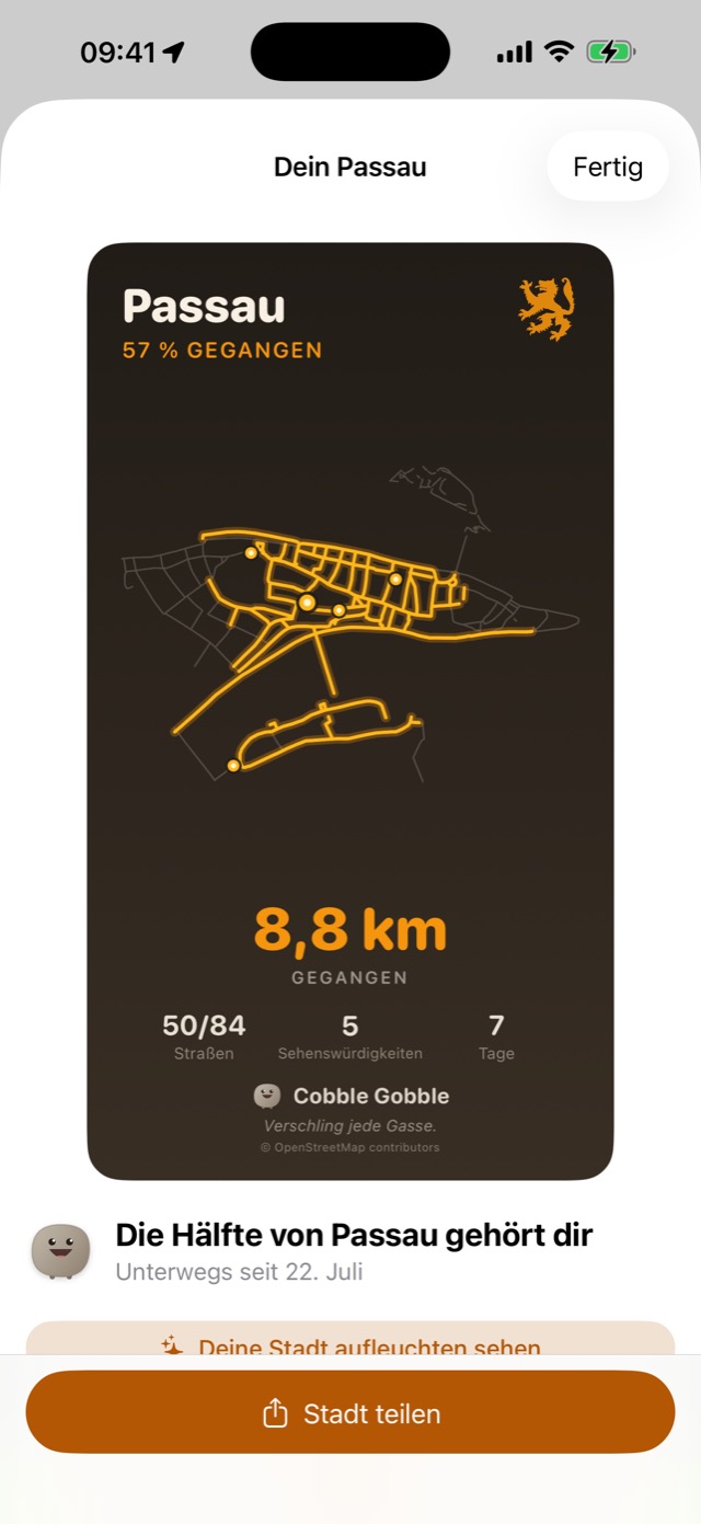 Die Teilen-Karte: eine goldene Spur der gelaufenen Gassen, mit dem Wappen der Stadt.
