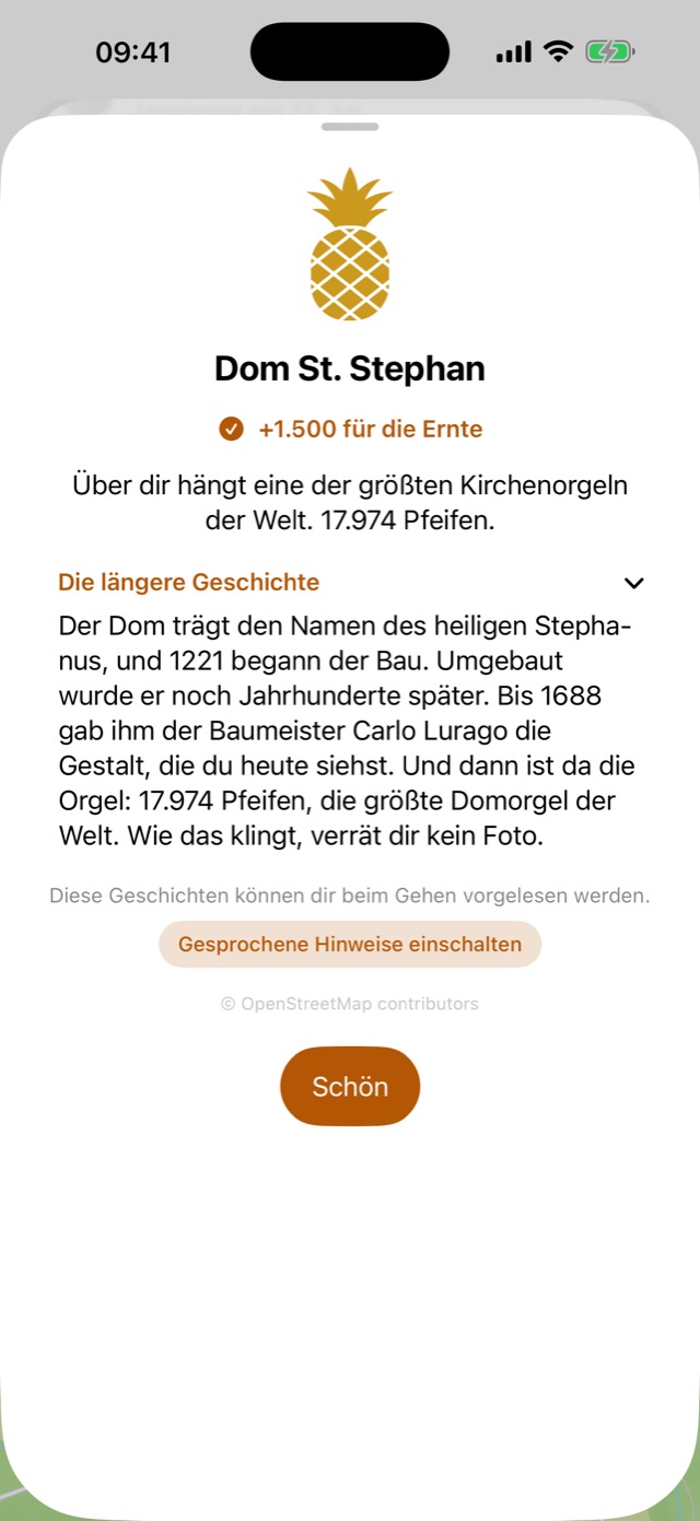 Eine Fr&uuml;chte-Karte zum Passauer Dom, mit der l&auml;ngeren Geschichte aufgeklappt.
