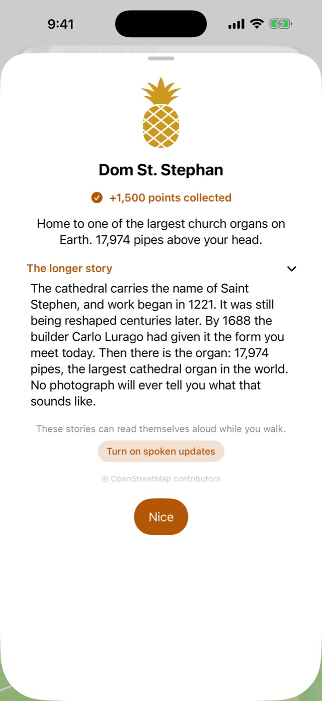 A fruit story card for Passau's cathedral, with the longer story open.